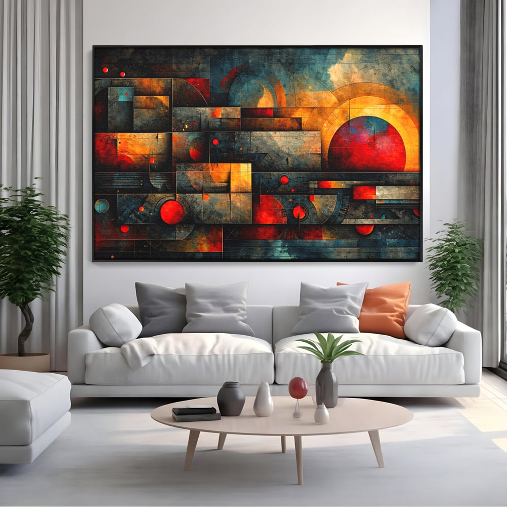Tablou canvas cu tablou canvas cu forme geometrice abstracte, in rama de aluminiu negru, pe perete intr-un living